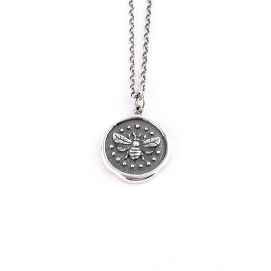 Sterling Bee Necklace | Stamped Bee Pendant | Silver Bee Wax Seal Necklace |Sterling Bee Coin | Silver Bee Medallion | Rustic Bee Pendant