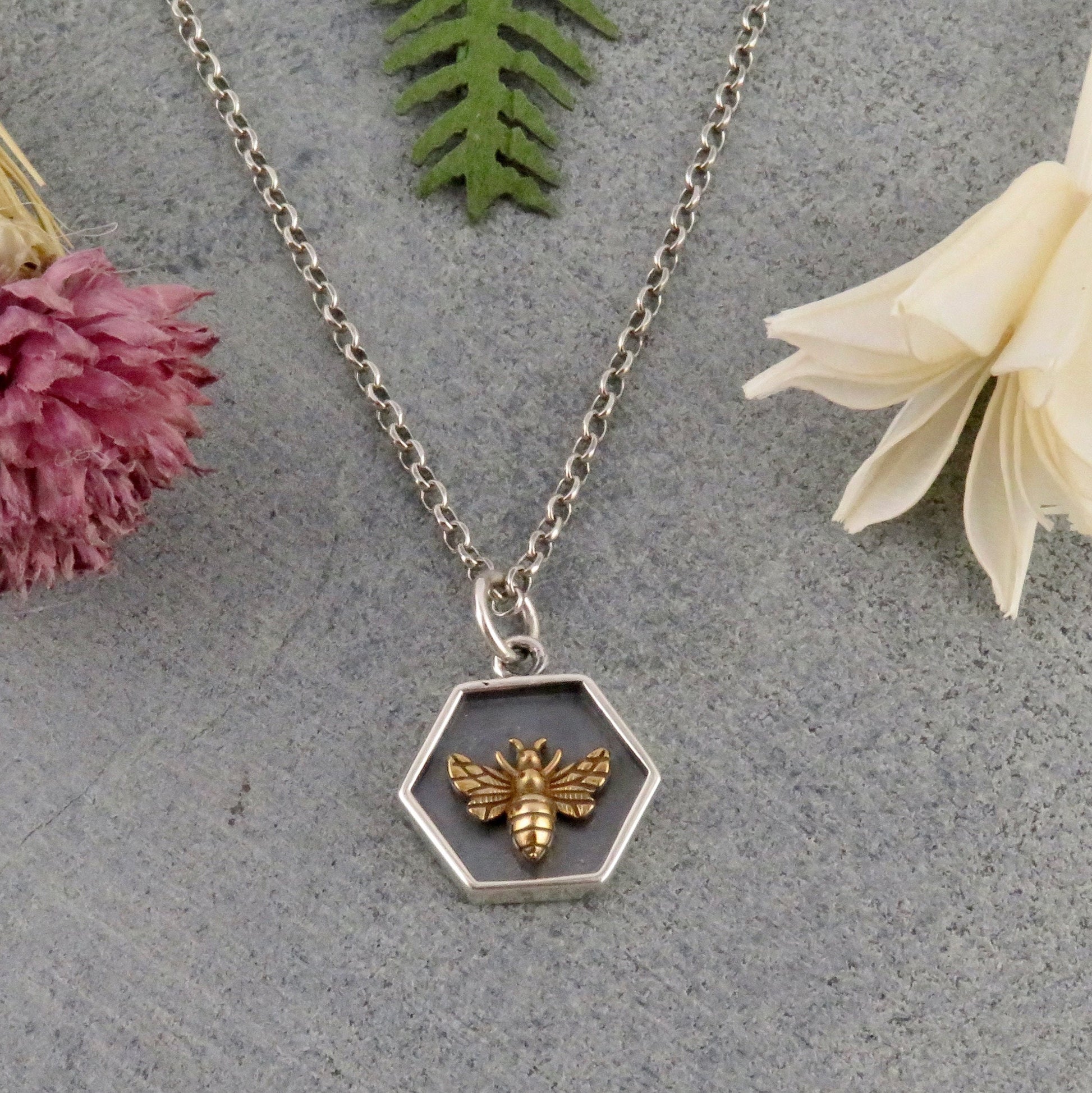 Sterling Bee Necklace | Two Tone Bee Pendant | Mixed Metal Bee Necklace | Gold Bee Necklace | Bee Honeycomb Pendant | Silver Honeycomb Bee