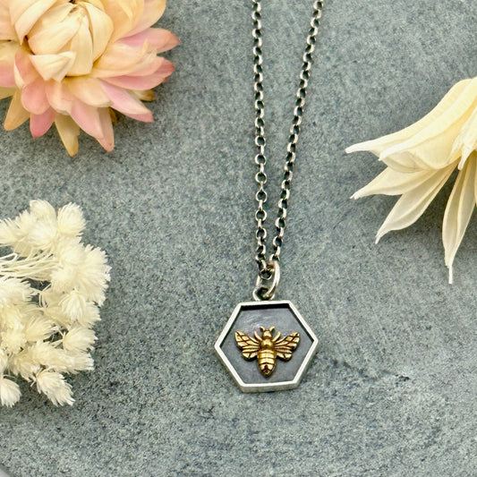 Sterling Bee Necklace | Two Tone Bee Pendant | Mixed Metal Bee Necklace | Gold Bee Necklace | Bee Honeycomb Pendant | Silver Honeycomb Bee