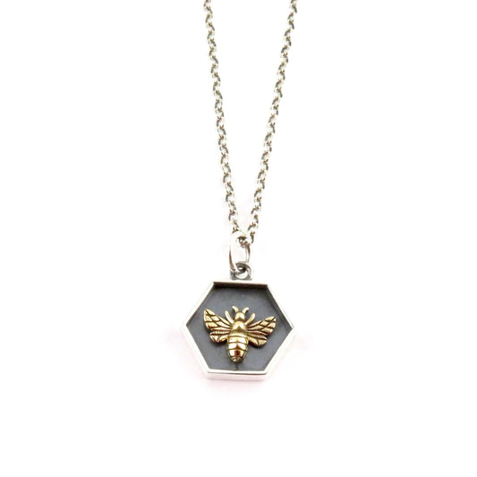 Sterling Bee Necklace | Two Tone Bee Pendant | Mixed Metal Bee Necklace | Gold Bee Necklace | Bee Honeycomb Pendant | Silver Honeycomb Bee