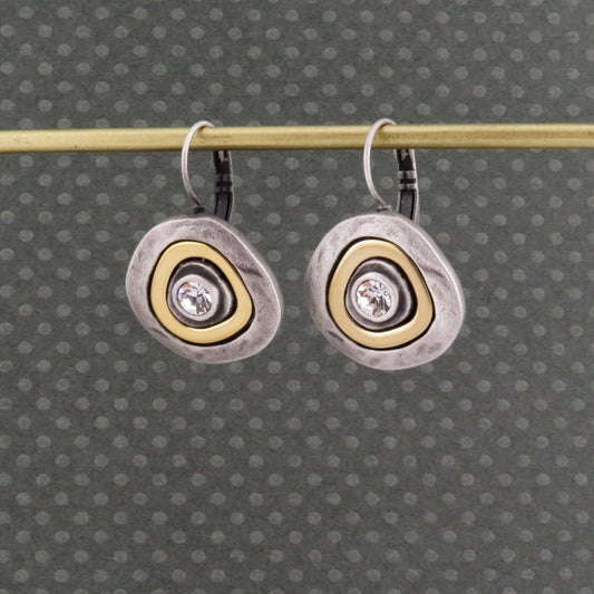 Two Tone Circle Earrings | Hammered Gold Silver Earrings| Mixed Metal Crystal Earrings | Two Toned Sparkle Earrings | Unique Earrings