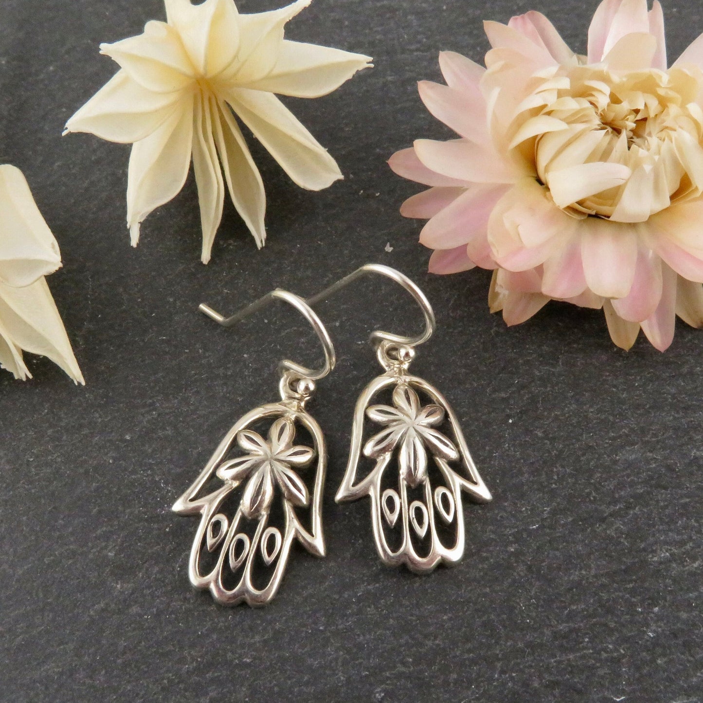 Hamsa Earrings, Silver Hamsa Earrings, Hand Earrings, Spiritual Earrings, Floral Hamsa Earrings, Bat Mitzvah Gift, Silver Hand Earrings