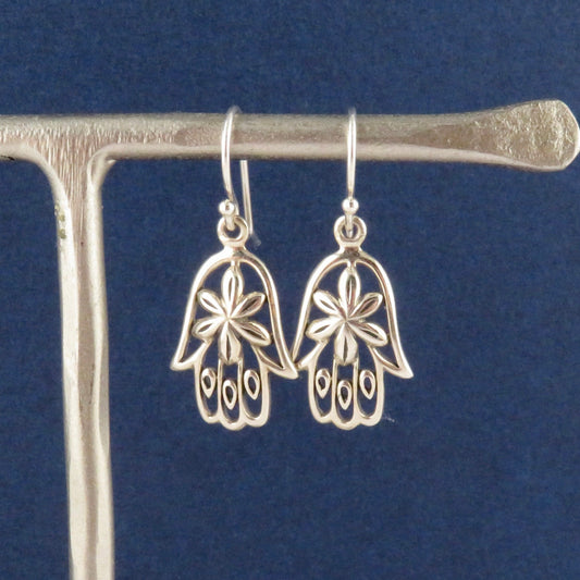 Hamsa Earrings, Silver Hamsa Earrings, Hand Earrings, Spiritual Earrings, Floral Hamsa Earrings, Bat Mitzvah Gift, Silver Hand Earrings