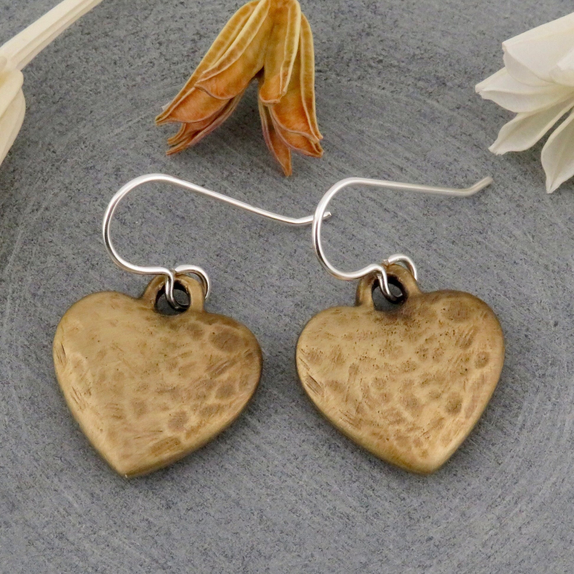 Brushed Gold Heart Earrings, Bronze Heart Earrings, Hammered Heart Earrings, Matte Gold Hearts, Brushed Heart Earrings | Hammered Gold Heart