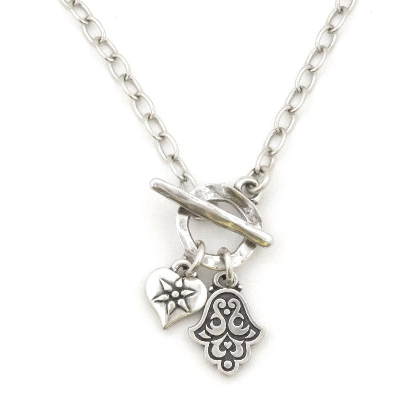 Silver Hamsa and Heart Necklace | Spiritual Love Necklace | Silver Front Toggle Charm Necklace | Chunky Silver Hamsa Heart Necklace