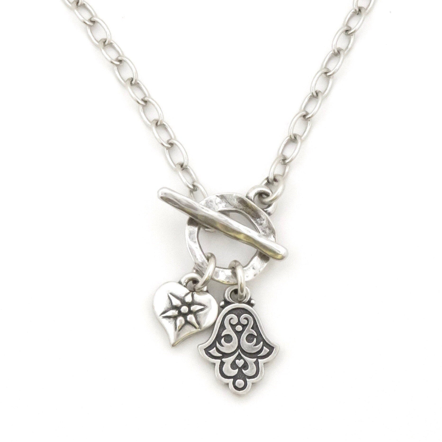 Silver Hamsa and Heart Necklace | Spiritual Love Necklace | Silver Front Toggle Charm Necklace | Chunky Silver Hamsa Heart Necklace