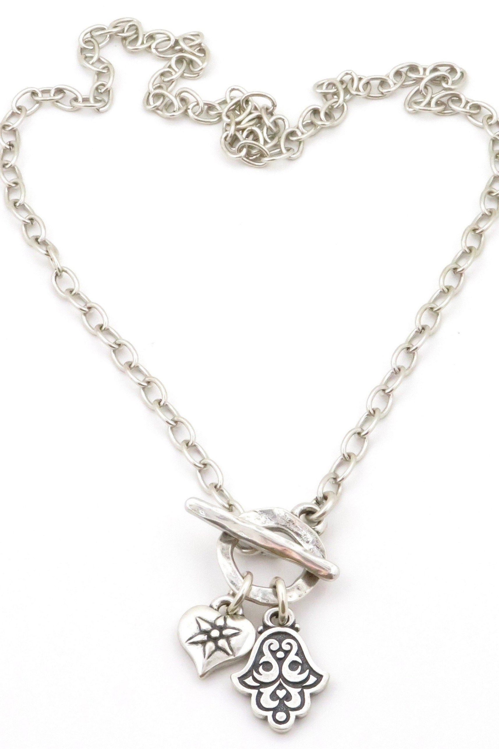 Silver Hamsa and Heart Necklace | Spiritual Love Necklace | Silver Front Toggle Charm Necklace | Chunky Silver Hamsa Heart Necklace