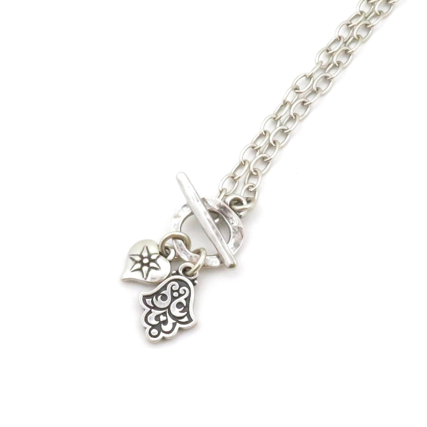 Silver Hamsa and Heart Necklace | Spiritual Love Necklace | Silver Front Toggle Charm Necklace | Chunky Silver Hamsa Heart Necklace