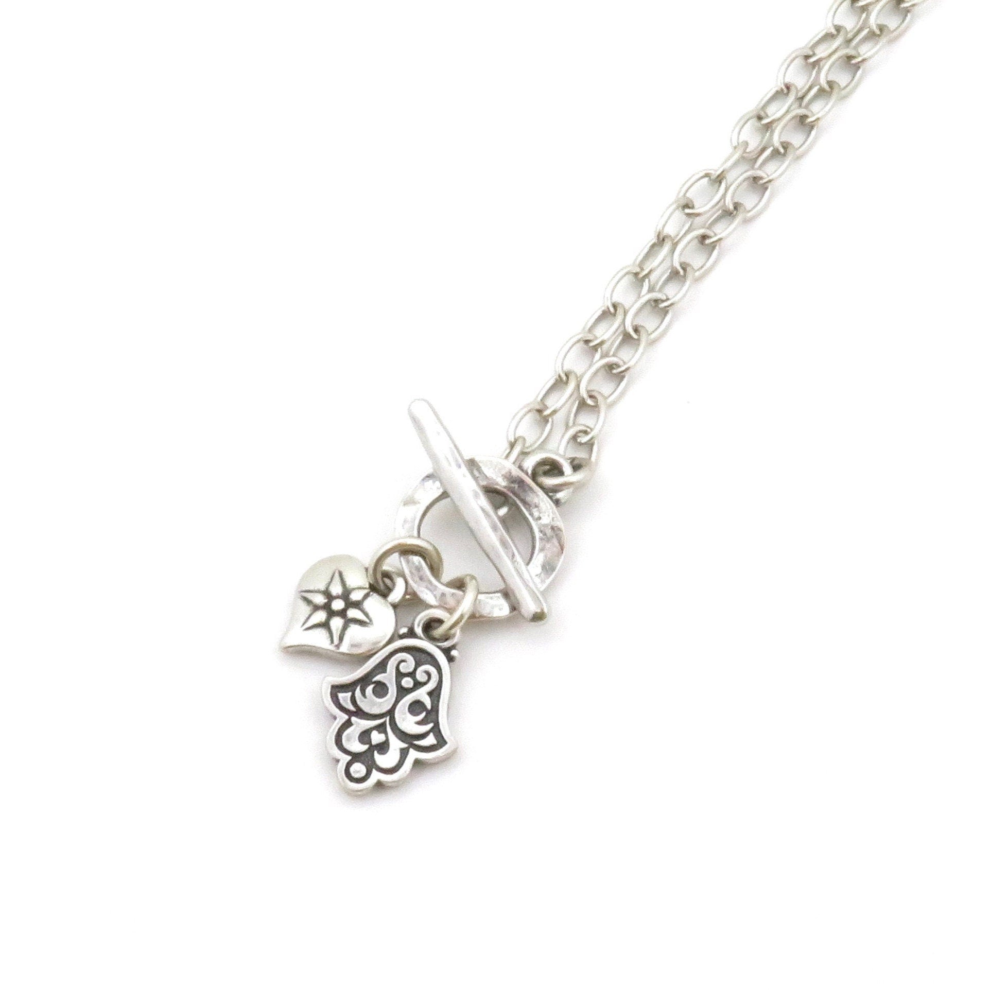 Silver Hamsa and Heart Necklace | Spiritual Love Necklace | Silver Front Toggle Charm Necklace | Chunky Silver Hamsa Heart Necklace