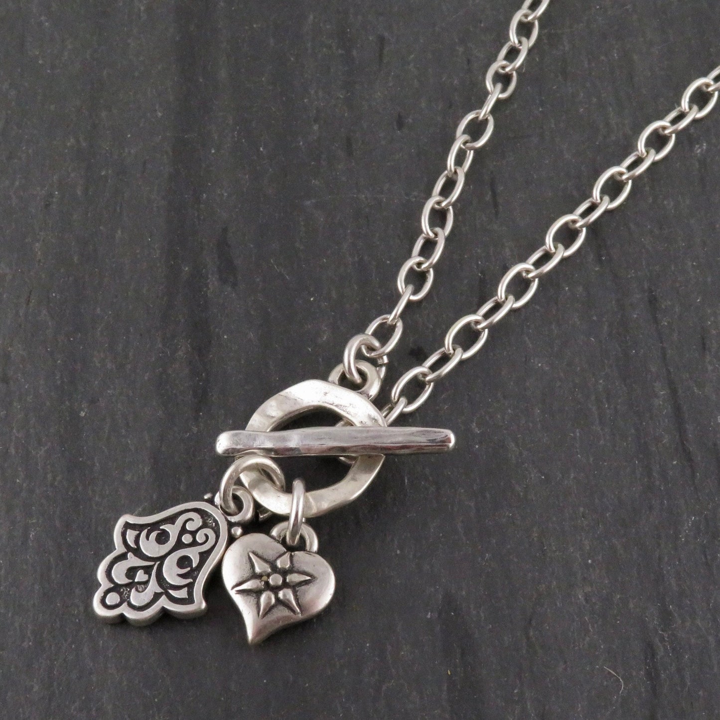 Silver Hamsa and Heart Necklace | Spiritual Love Necklace | Silver Front Toggle Charm Necklace | Chunky Silver Hamsa Heart Necklace