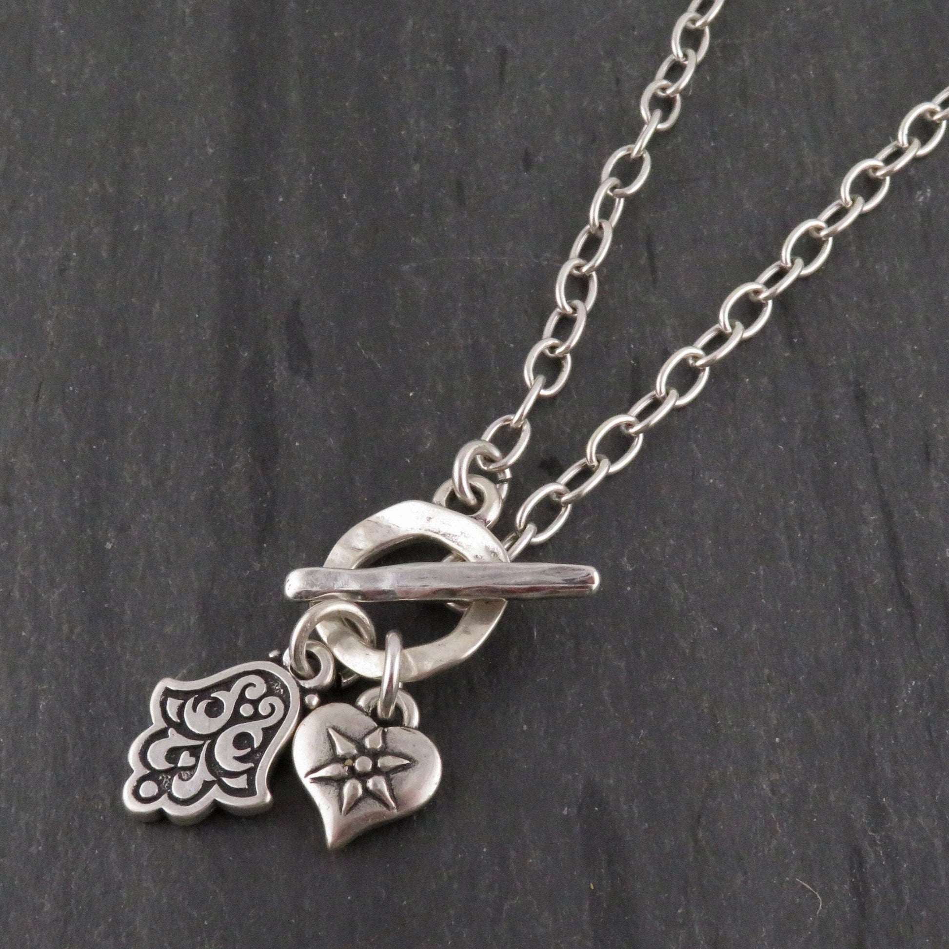 Silver Hamsa and Heart Necklace | Spiritual Love Necklace | Silver Front Toggle Charm Necklace | Chunky Silver Hamsa Heart Necklace