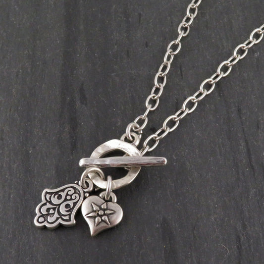 Silver Hamsa and Heart Necklace | Spiritual Love Necklace | Silver Front Toggle Charm Necklace | Chunky Silver Hamsa Heart Necklace
