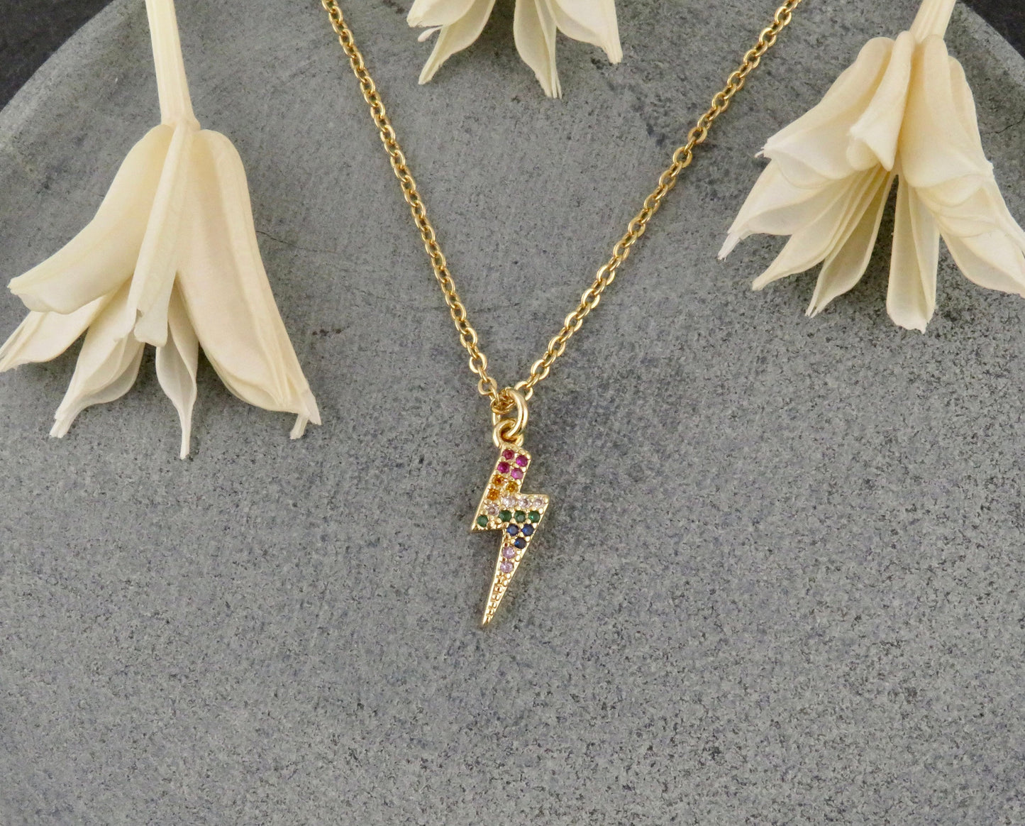 Gold Lightning Bolt Necklace | Lightning Bolt Multicolor Pendant | Sparkly Lightning Bolt Necklace | Rainbow Sparkly Lightning Pendant