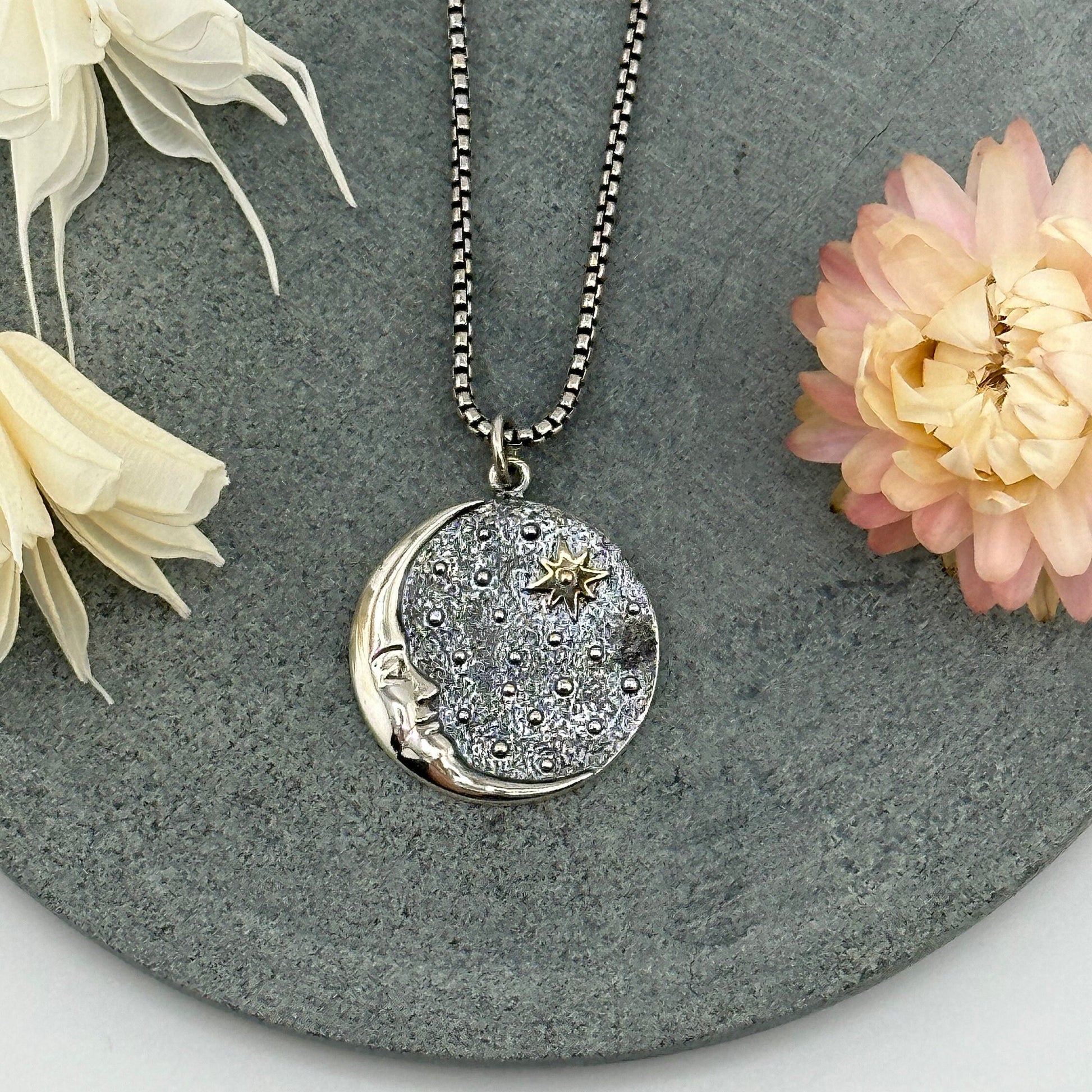 Mixed Metal Celestial Necklace | Two Tone Moon Star Pendant | Silver Gold Moon Necklace | Sterling Moon Star Necklace | Celestial Medallion