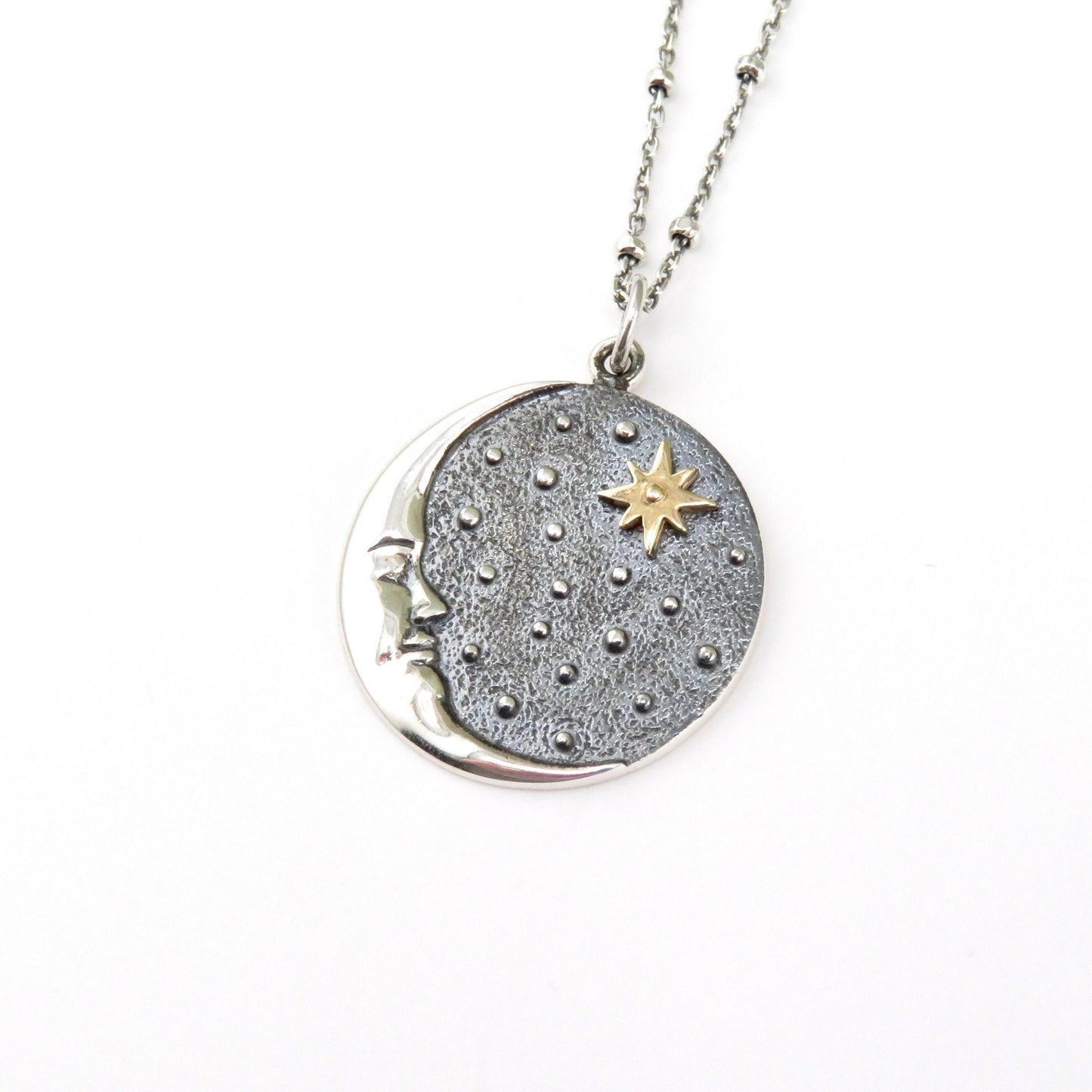 Mixed Metal Celestial Necklace | Two Tone Moon Star Pendant | Silver Gold Moon Necklace | Sterling Moon Star Necklace | Celestial Medallion
