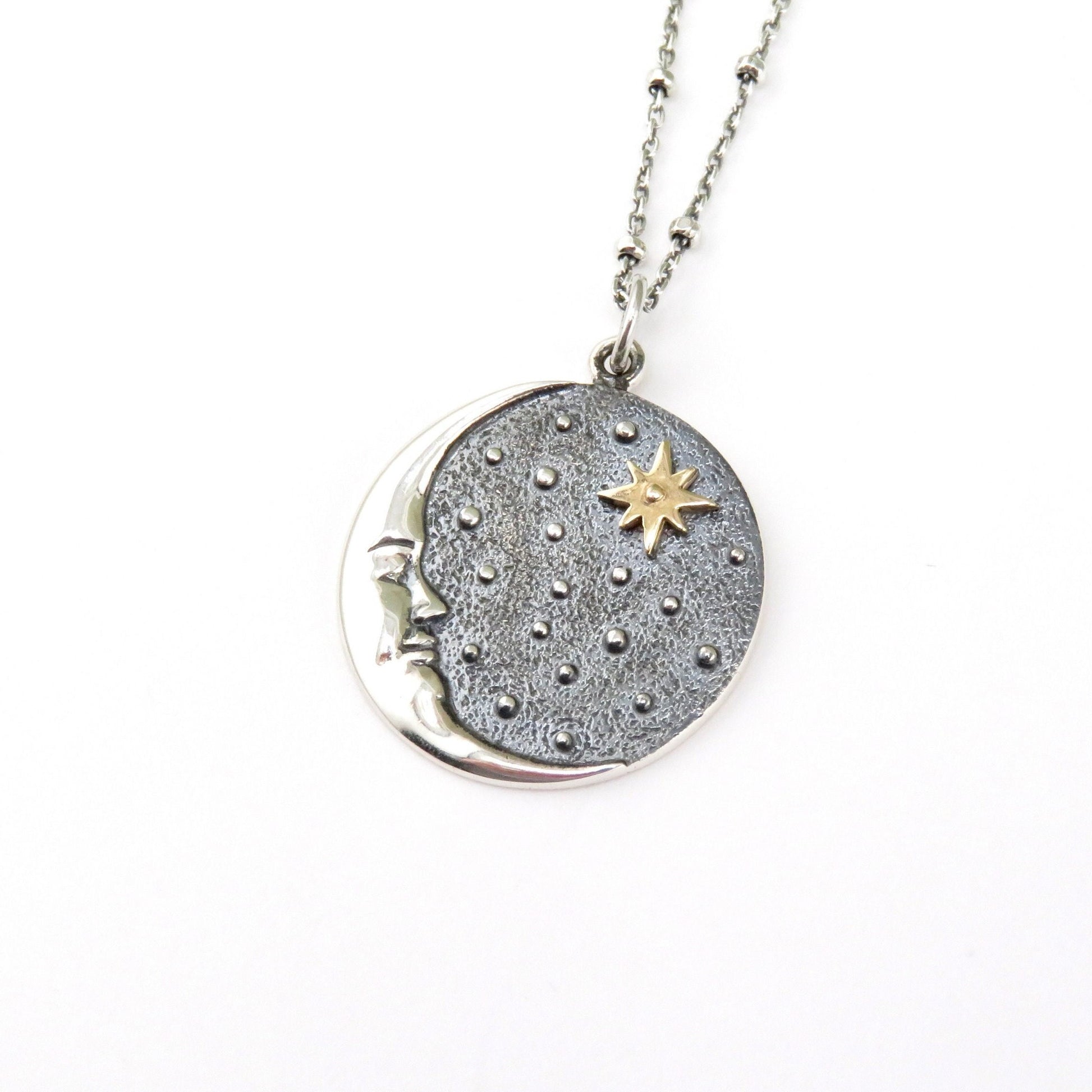 Mixed Metal Celestial Necklace | Two Tone Moon Star Pendant | Silver Gold Moon Necklace | Sterling Moon Star Necklace | Celestial Medallion