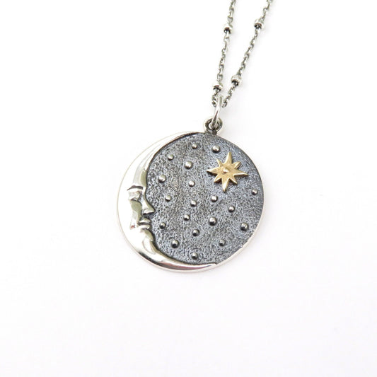 Mixed Metal Celestial Necklace | Two Tone Moon Star Pendant | Silver Gold Moon Necklace | Sterling Moon Star Necklace | Celestial Medallion