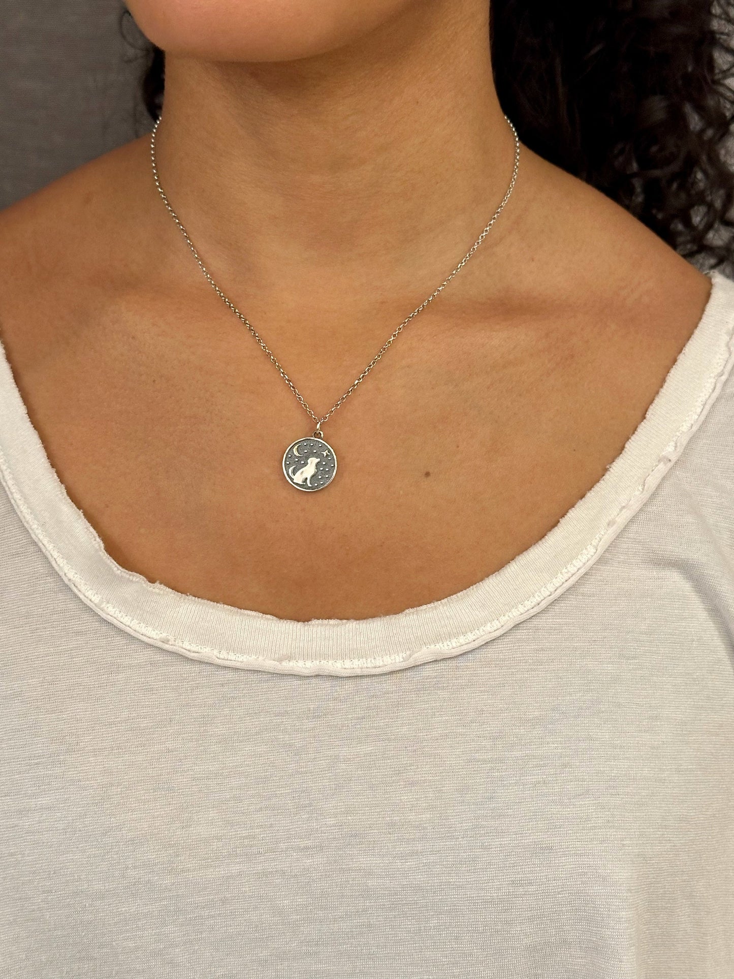 Mixed Metal Dog Necklace | Two Tone Celestial Dog Pendant | Silver Gold Dog Necklace | Sterling Dog Medallion | Celestial Dog Necklace