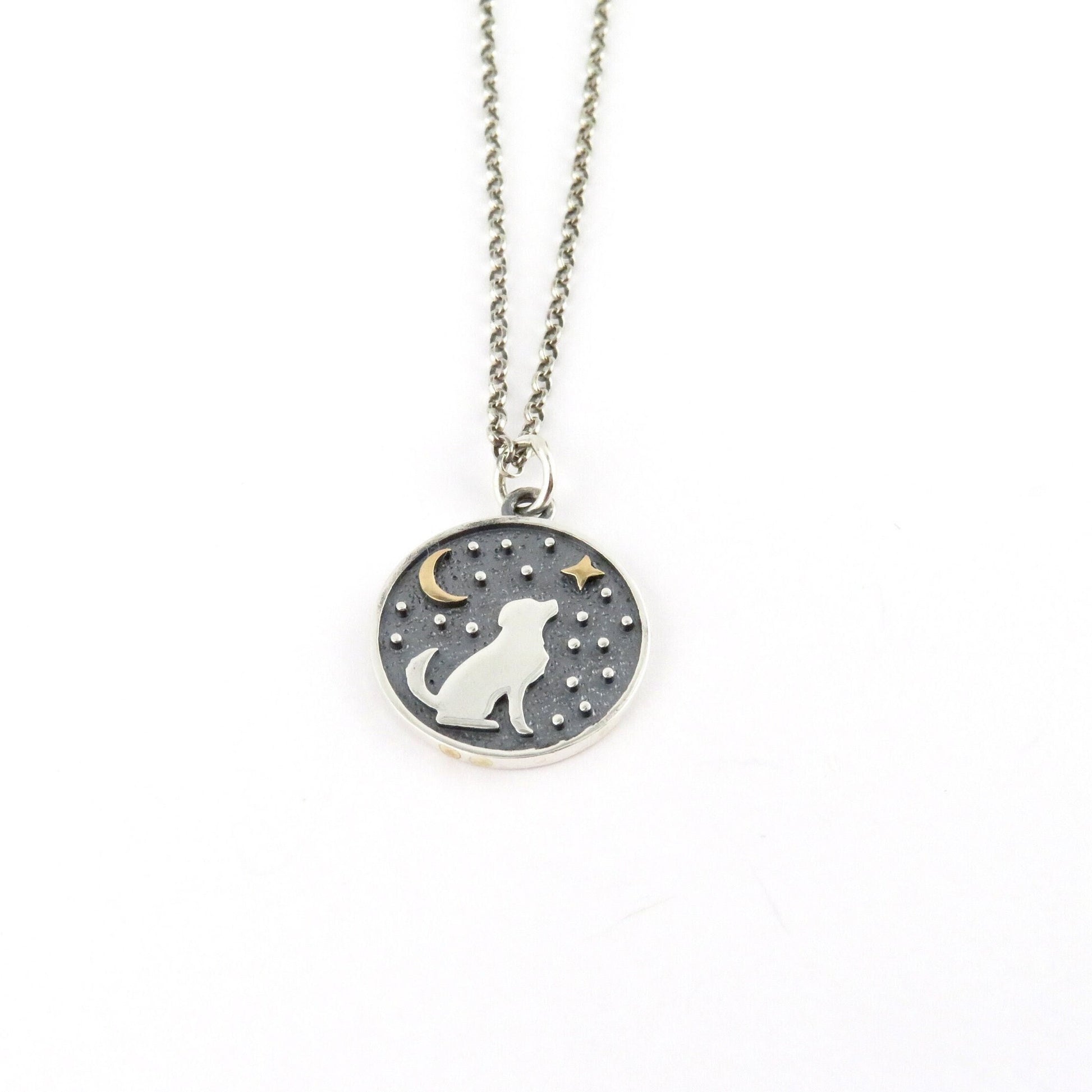 Mixed Metal Dog Necklace | Two Tone Celestial Dog Pendant | Silver Gold Dog Necklace | Sterling Dog Medallion | Celestial Dog Necklace