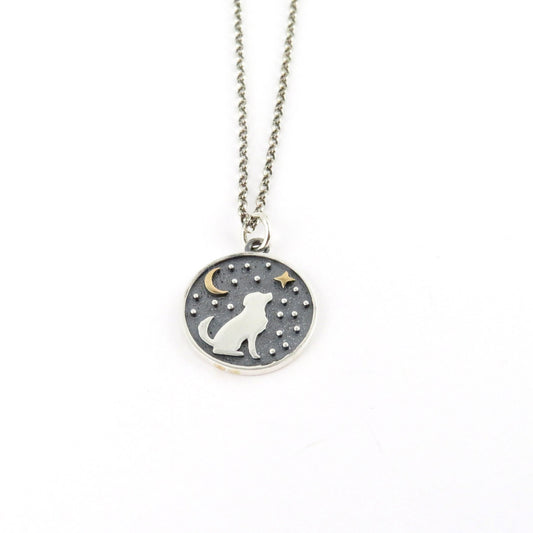 Mixed Metal Dog Necklace | Two Tone Celestial Dog Pendant | Silver Gold Dog Necklace | Sterling Dog Medallion | Celestial Dog Necklace