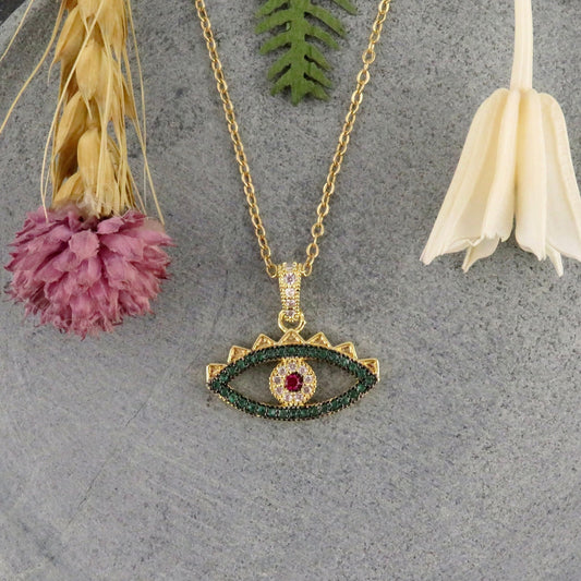 Gold Eye Necklace | Evil Eye Pendant | Evil Eye CZ Necklace | Pink Green Eye Pendant | Sparkly Evil Eye Pendant | Eye Protection Necklace