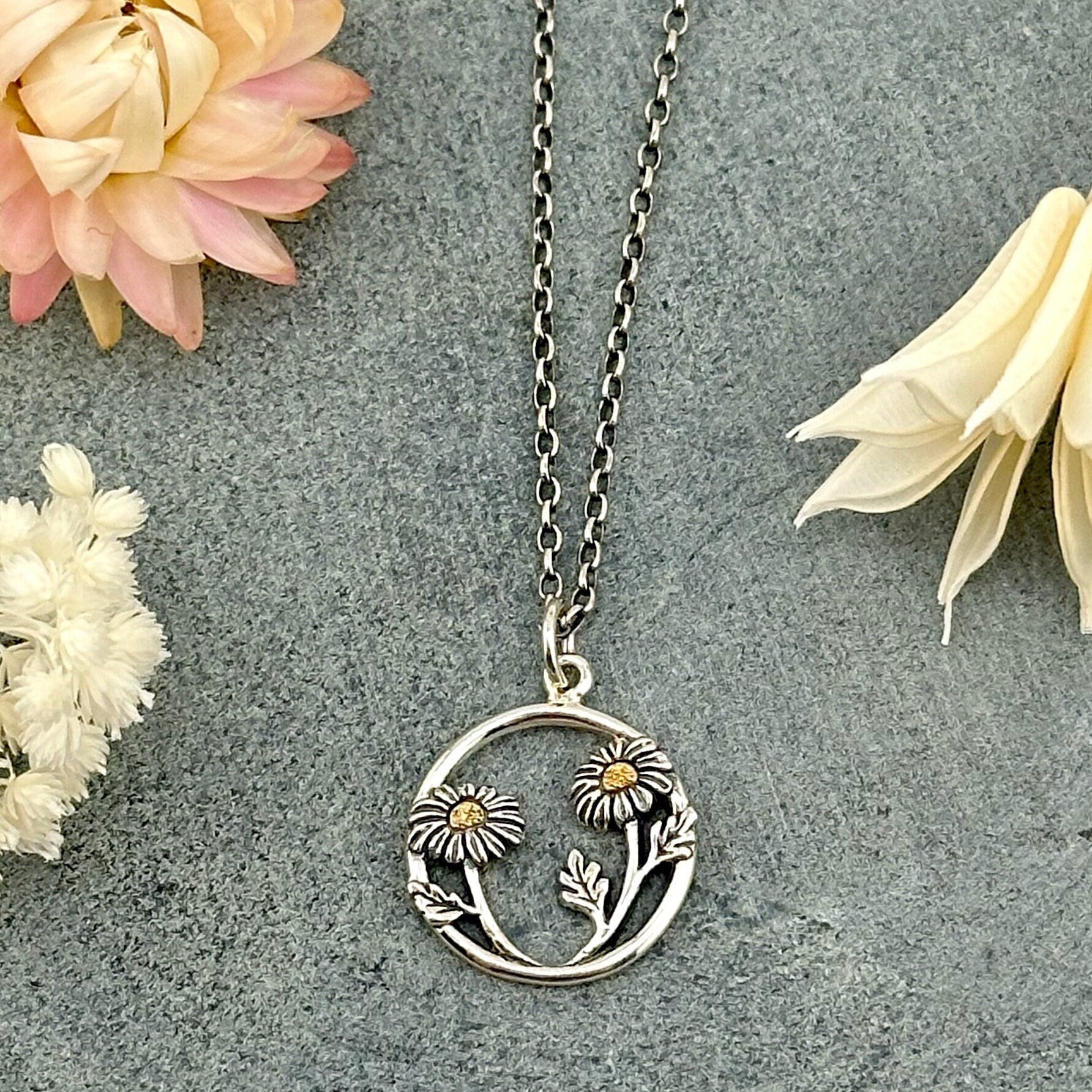 Sterling Daisy Necklace | Two Tone Daisy Necklace | Gold Silver Flower Necklace | Mixed Metal Daisy Necklace | Unique Daisies Necklace
