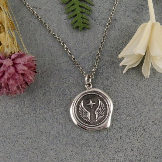 Sterling Angel Wings Necklace | Silver Wings Pendant | Sterling Angel Wings Medallion | Angel Wings Imprint Pendant | Wax Seal Angel Wings