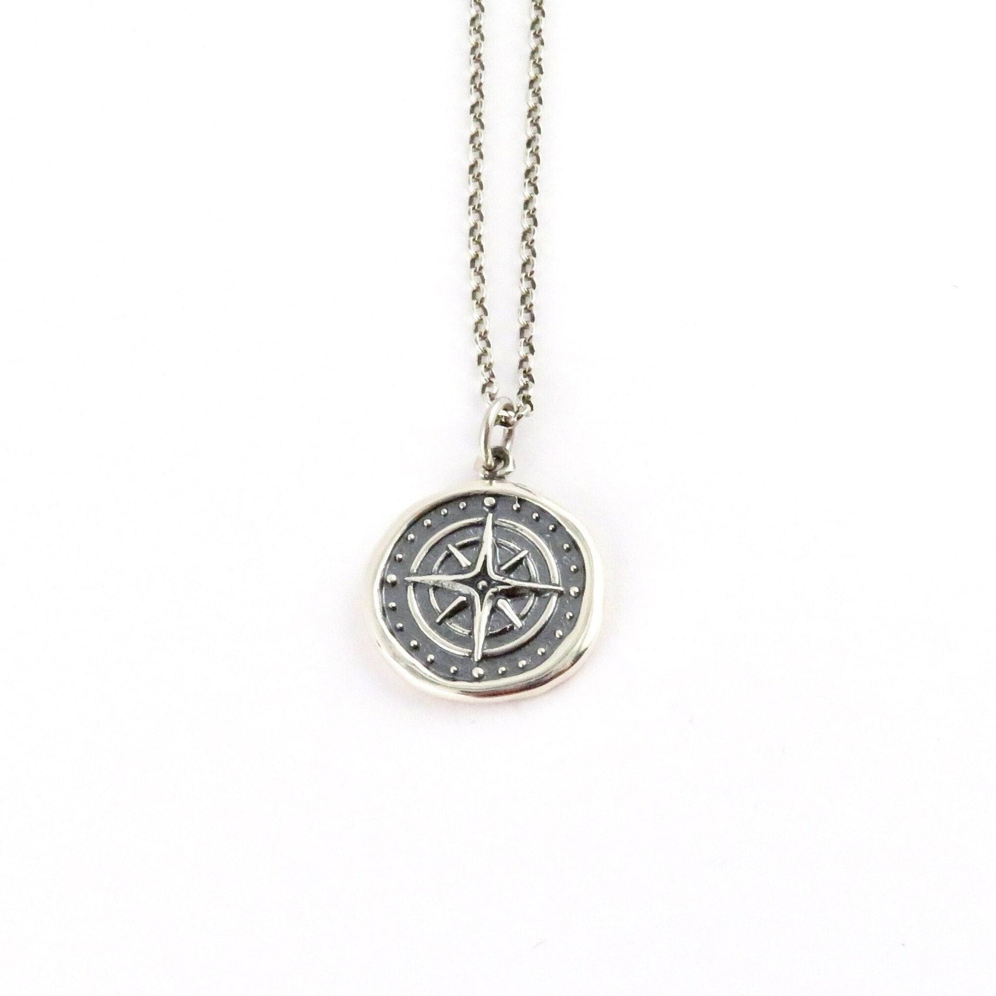 Sterling Compass Necklace | Silver Compass Pendant | Guidance Medallion | Imprint Compass Pendant | Wax Seal Compass Pendant | Compass Disc