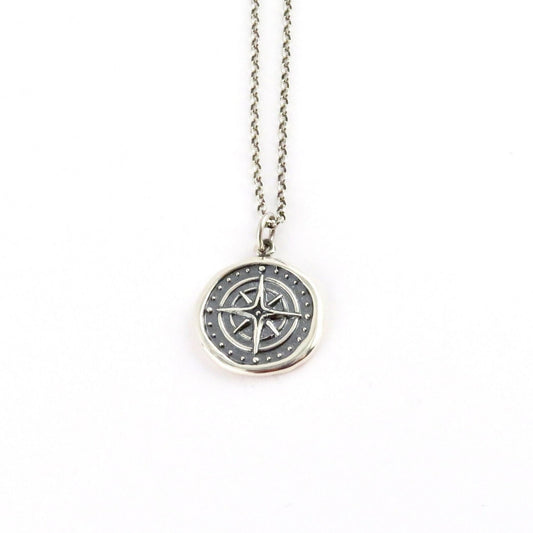 Sterling Compass Necklace | Silver Compass Pendant | Guidance Medallion | Imprint Compass Pendant | Wax Seal Compass Pendant | Compass Disc