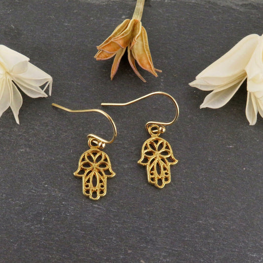 Gold Hamsa Earrings | Intricate Hamsa Earrings | Hamsa Cutout Earrings | Gold Hand Earrings | Gold Floral Hand Earrings | Judaic Earrings