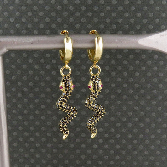 Black Gold Snake Earrings | CZ Snake Earrings | Black Serpent Earrings | Sparkly Black Serpent Earrings | Gold Snake Hoops | Dark Snake