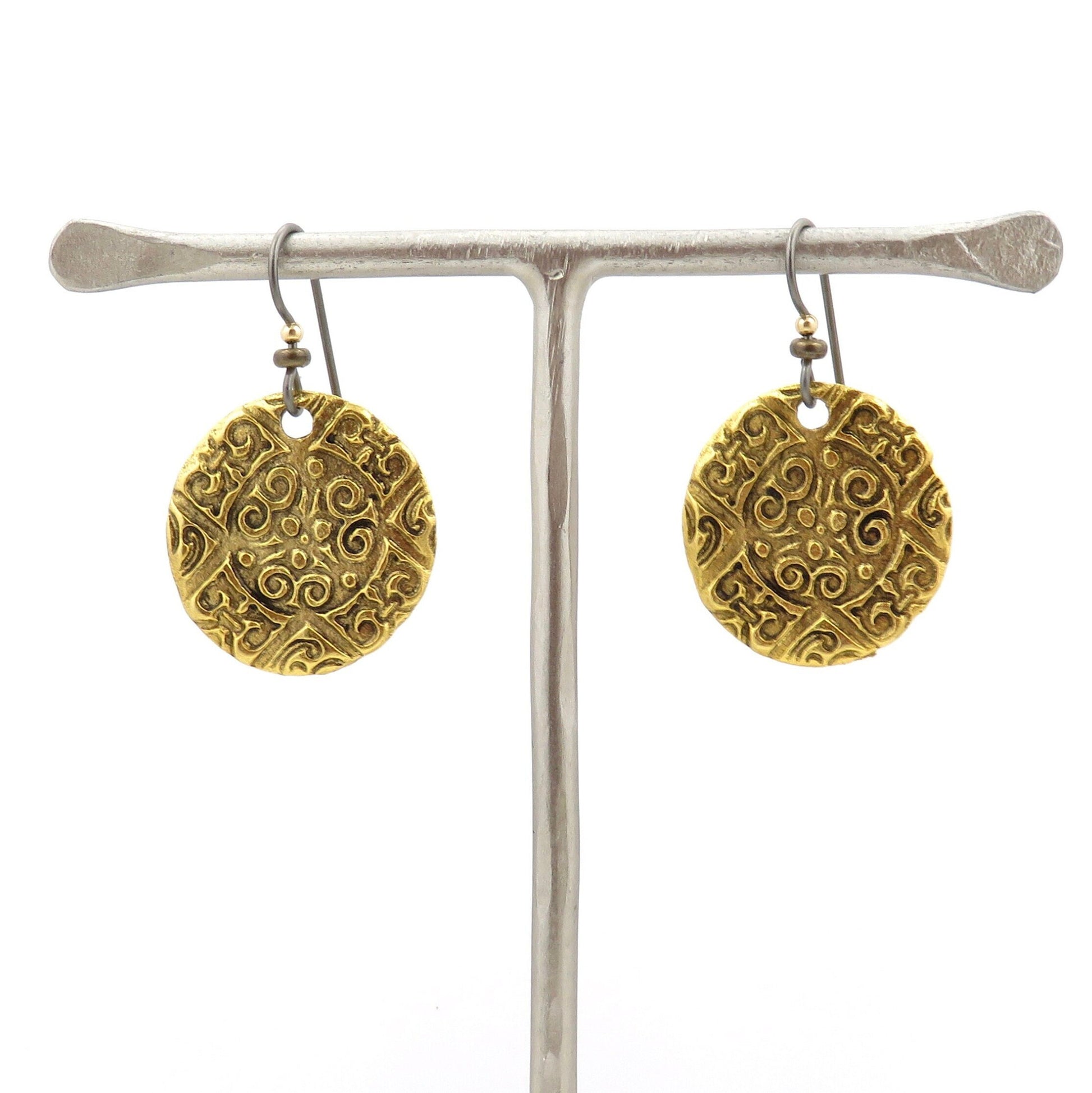 Brass Coin Earrings | Stamped Bronze Disc earrings | Gold Round Ethnic Earrings | Gold Medallion Earrings | Rustic Bronze Earrings | Unique