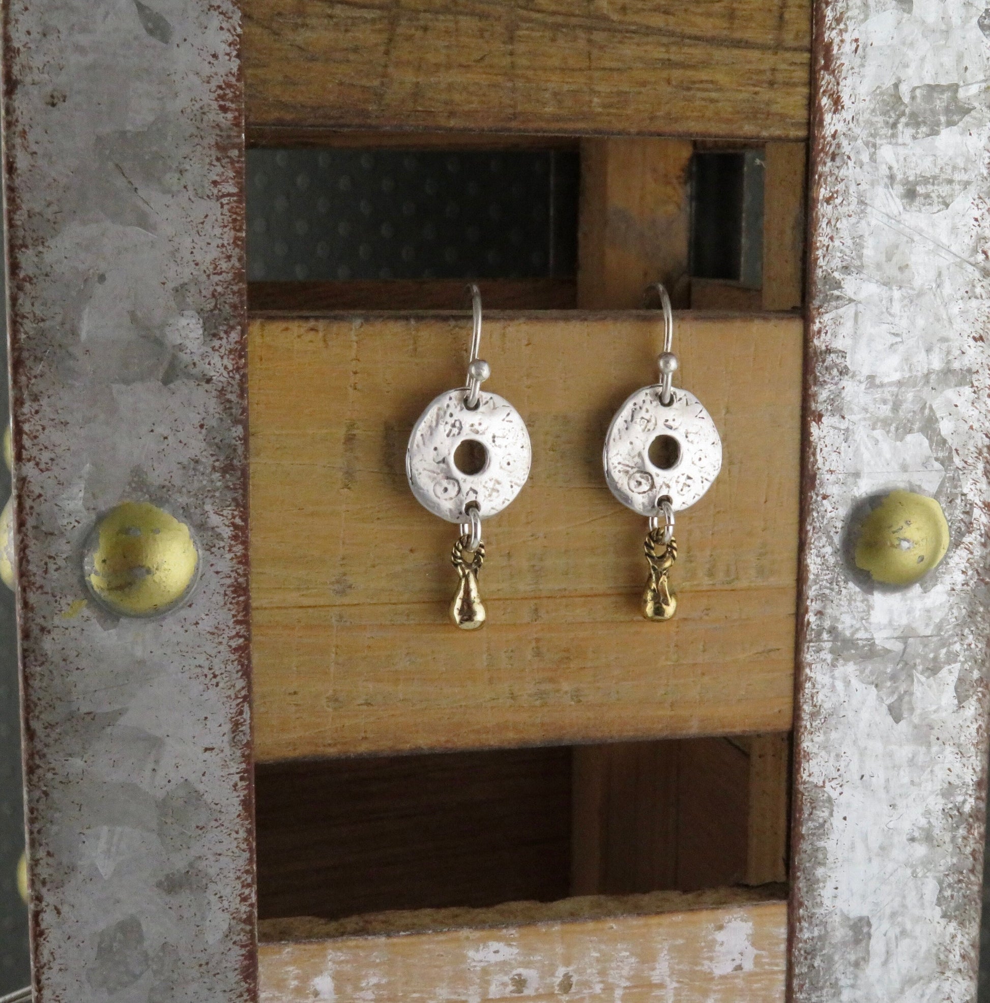 Rustic Artisan Earrings | Sterling Silver Earrings | Two Tone Earrings | Silver Gold Earrings | Mixed Metal Earrings | Sterling Discs