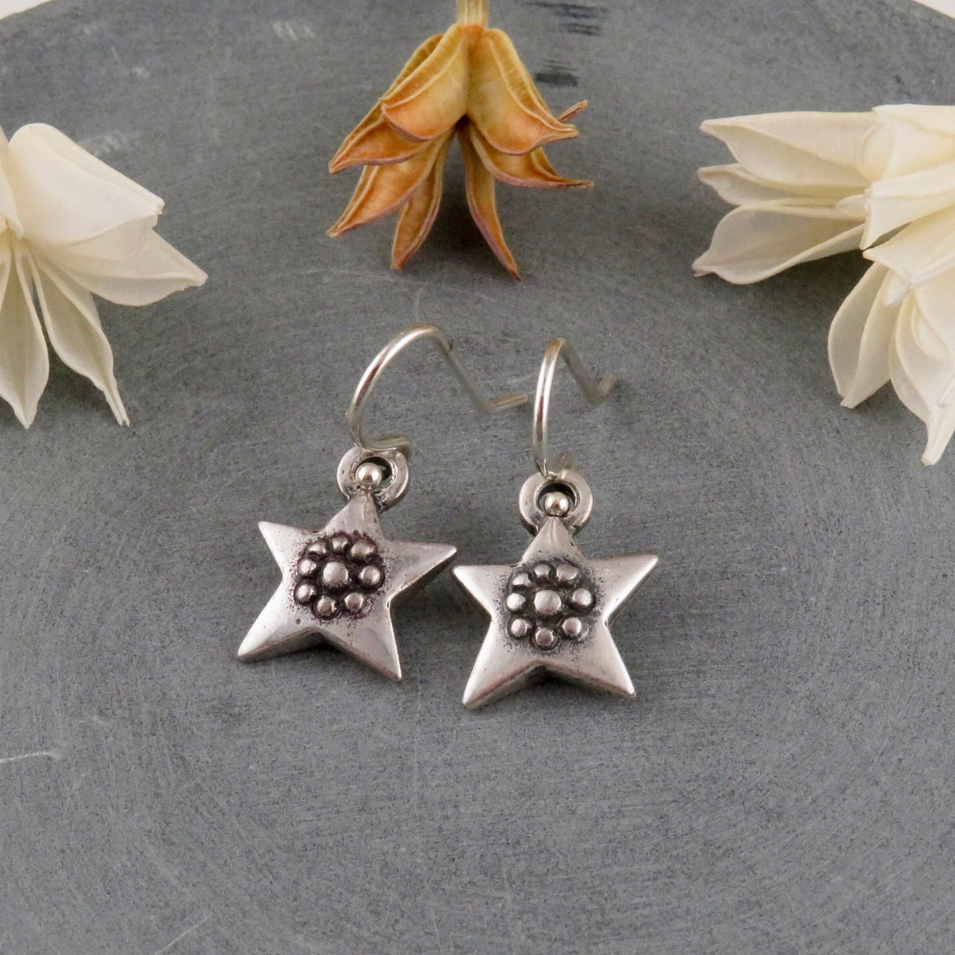 Silver Star Earrings | Rustic Star Earrings | Artisan Star Earrings | Star Flower Earrings | Unique Silver Star Earrings