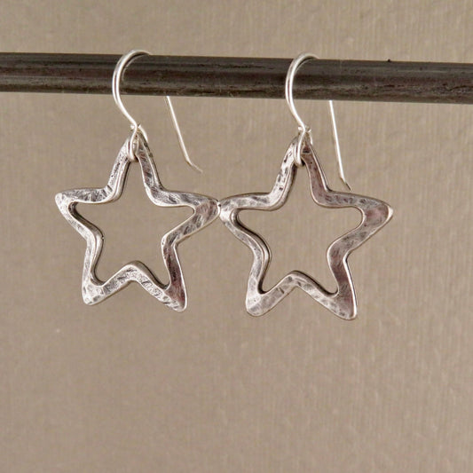 Silver Star Earrings | Outline Star Earrings | Artisan Star Earrings | Hammered Star Earrings | Brushed Matte Silver Star Earrings