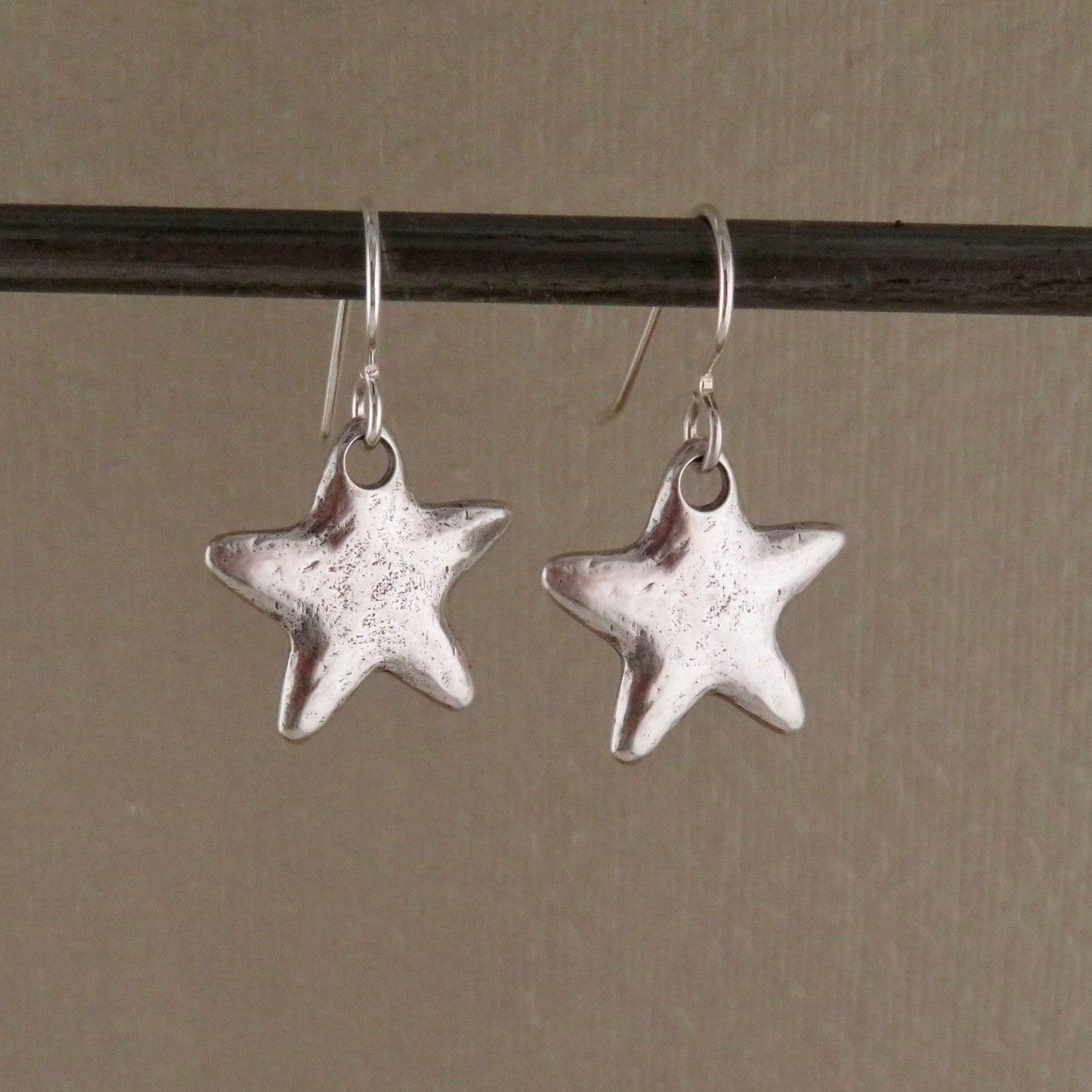 Silver Star Earrings | Rustic Star Earrings | Hammered Star Earrings | Brushed Matte Silver Star Earrings | Simple Star Pendant Earrings