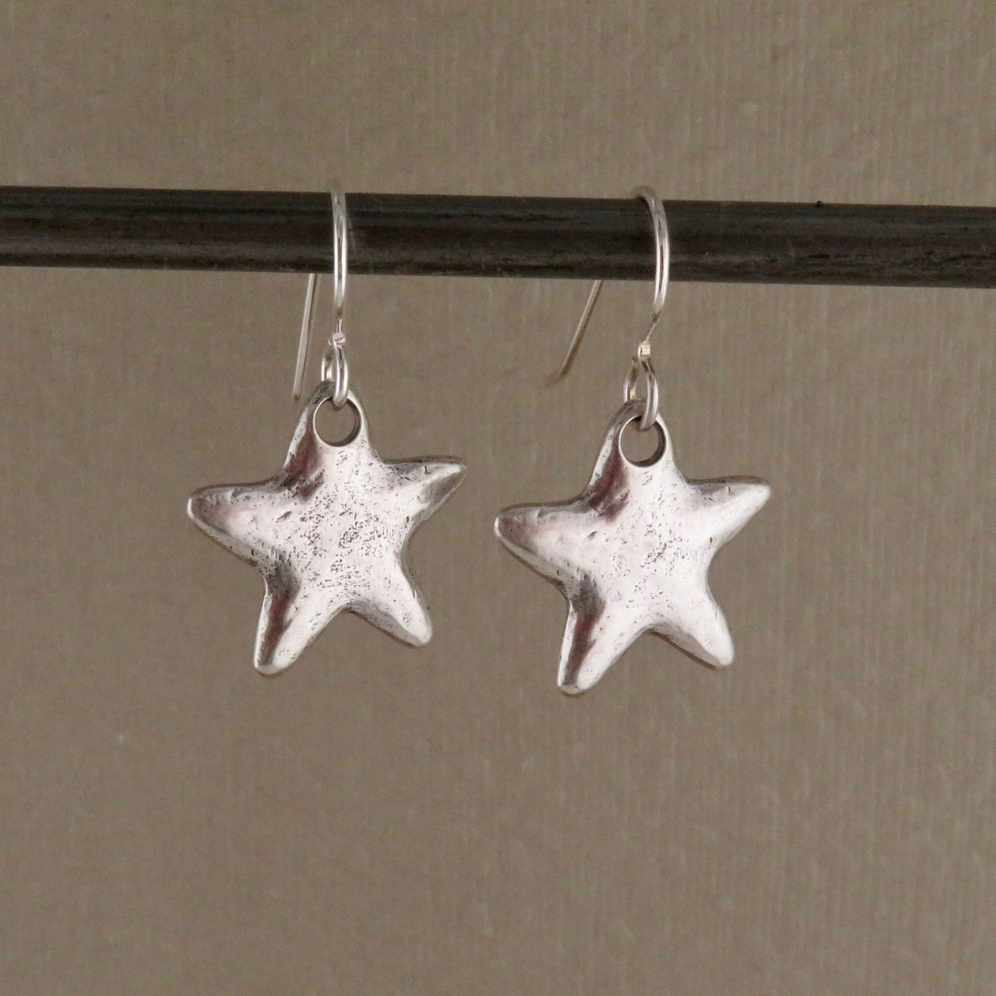 Silver Star Earrings | Rustic Star Earrings | Hammered Star Earrings | Brushed Matte Silver Star Earrings | Simple Star Pendant Earrings
