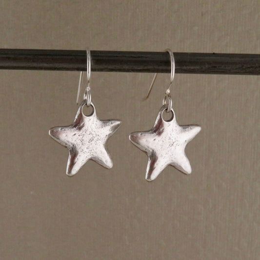 Silver Star Earrings | Rustic Star Earrings | Hammered Star Earrings | Brushed Matte Silver Star Earrings | Simple Star Pendant Earrings