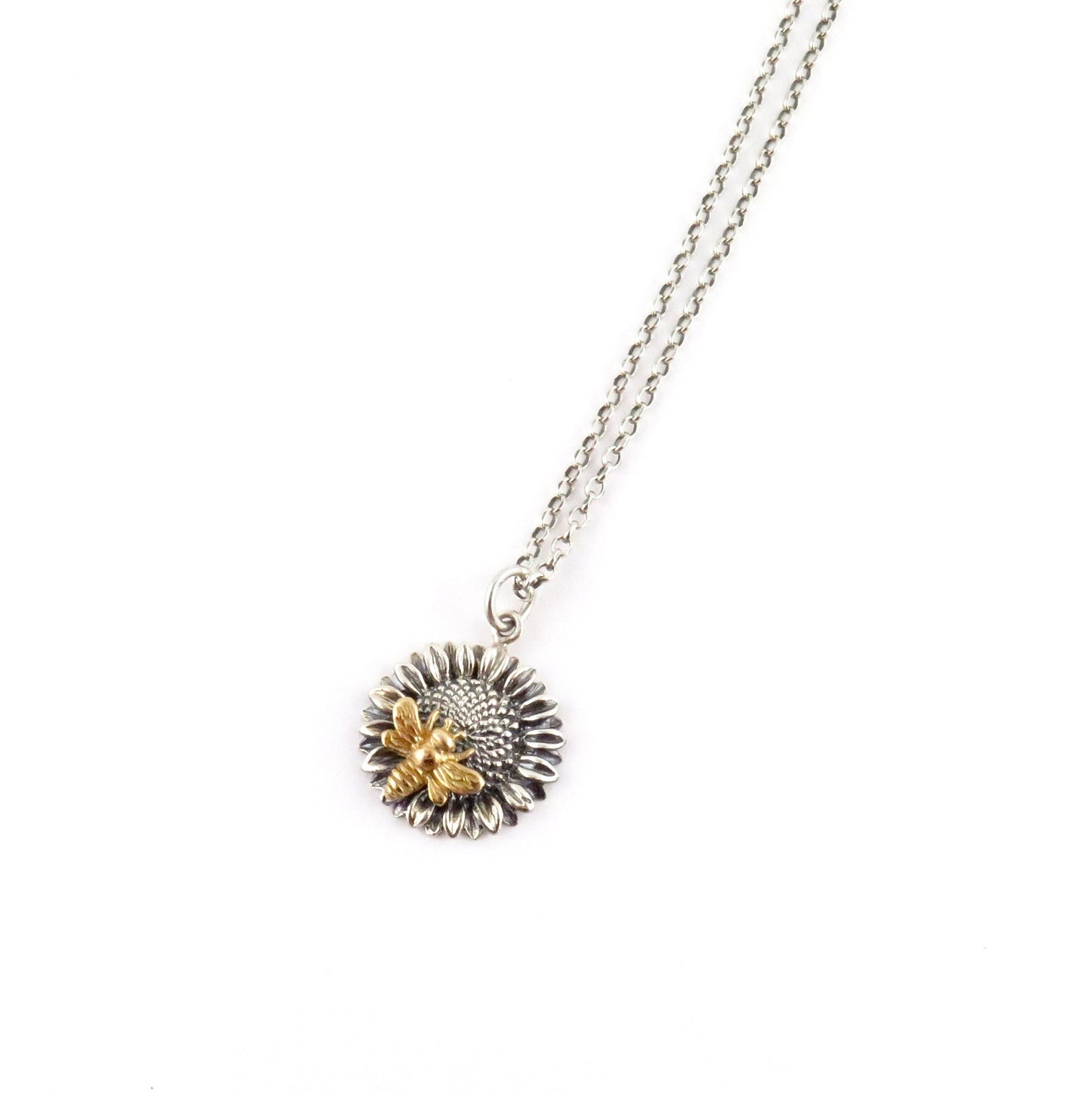Sterling Bee Necklace | Bee Sunflower Pendant | Two Tone Bee Necklace | Mixed Metal Bee Sunflower | Gold Bee Necklace | Bee Flower Pendant