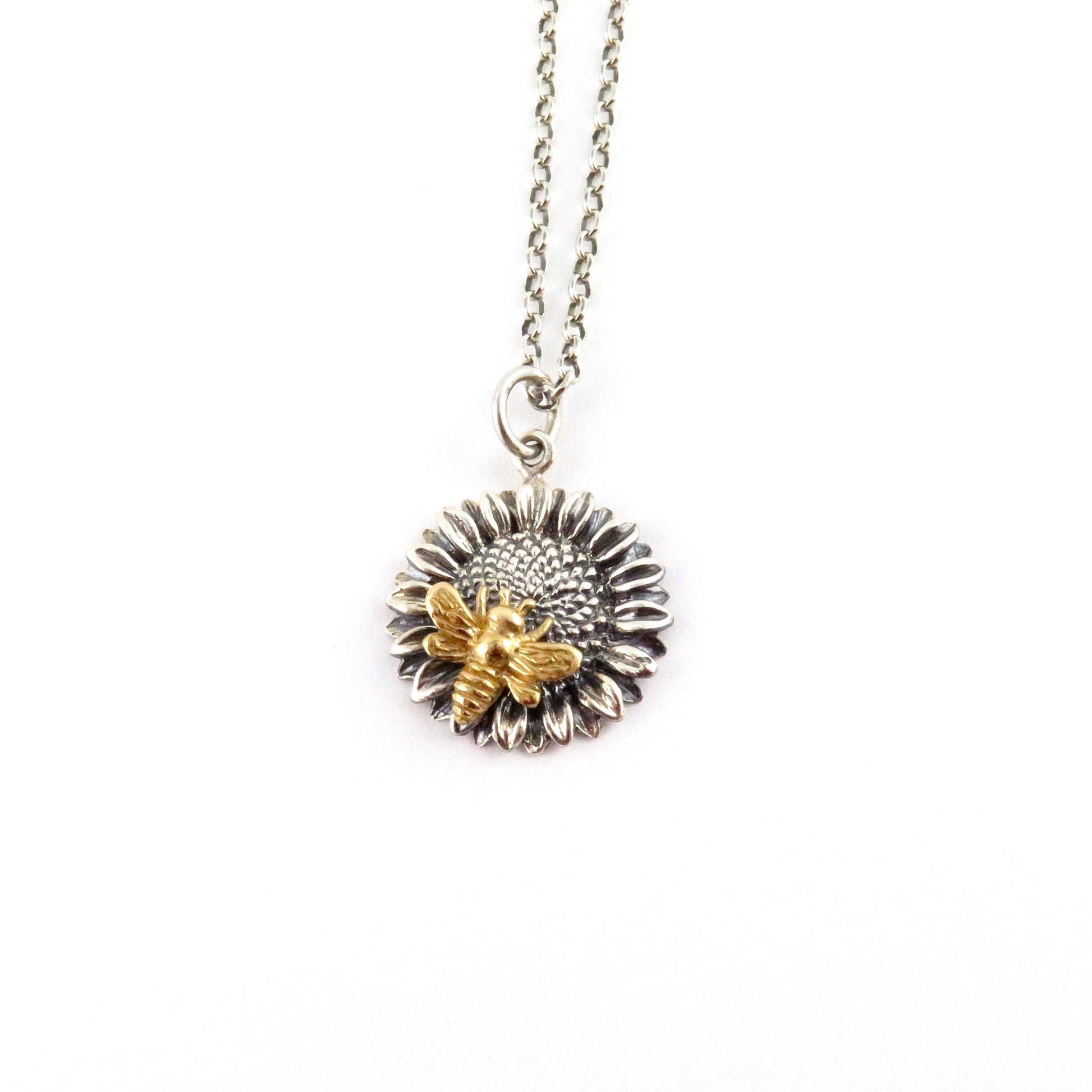 Sterling Bee Necklace | Bee Sunflower Pendant | Two Tone Bee Necklace | Mixed Metal Bee Sunflower | Gold Bee Necklace | Bee Flower Pendant