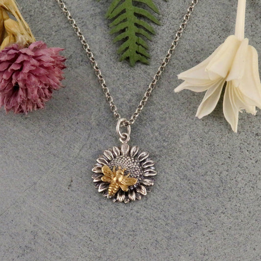 Sterling Bee Necklace | Bee Sunflower Pendant | Two Tone Bee Necklace | Mixed Metal Bee Sunflower | Gold Bee Necklace | Bee Flower Pendant