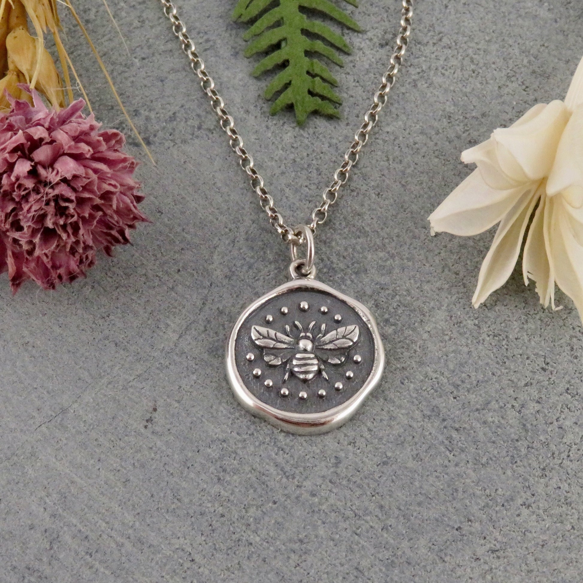 Sterling Bee Necklace | Stamped Bee Pendant | Silver Bee Wax Seal Necklace |Sterling Bee Coin | Silver Bee Medallion | Rustic Bee Pendant