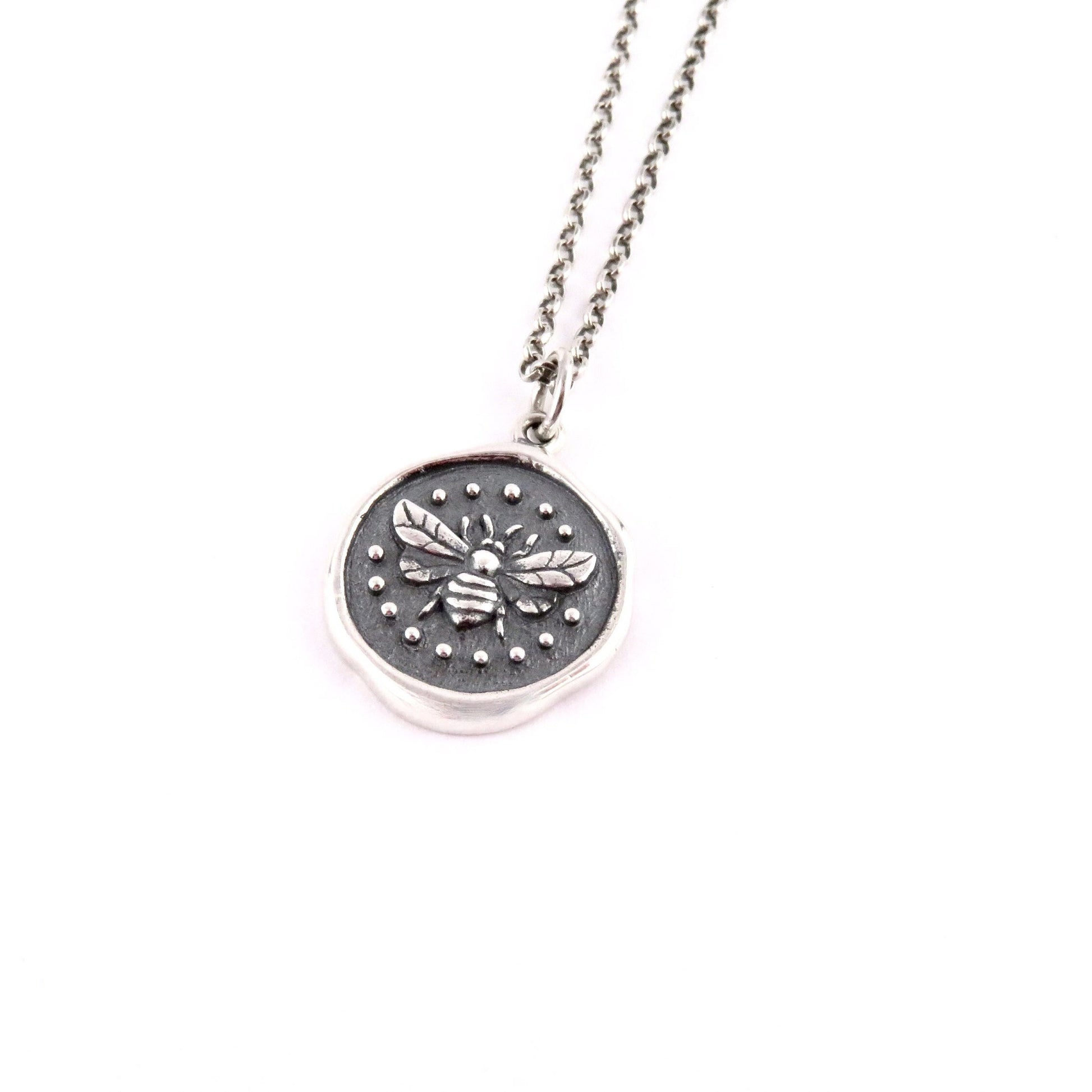 Sterling Bee Necklace | Stamped Bee Pendant | Silver Bee Wax Seal Necklace |Sterling Bee Coin | Silver Bee Medallion | Rustic Bee Pendant