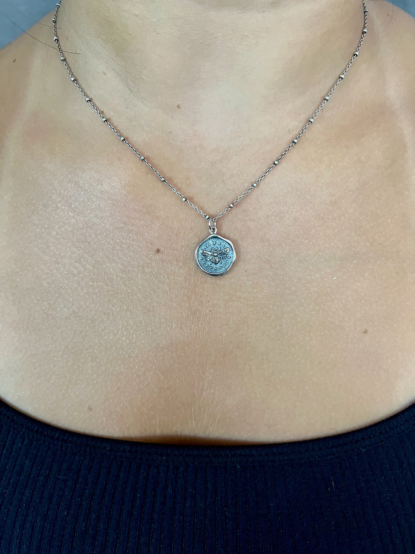 Sterling Bee Necklace | Stamped Bee Pendant | Silver Bee Wax Seal Necklace |Sterling Bee Coin | Silver Bee Medallion | Rustic Bee Pendant