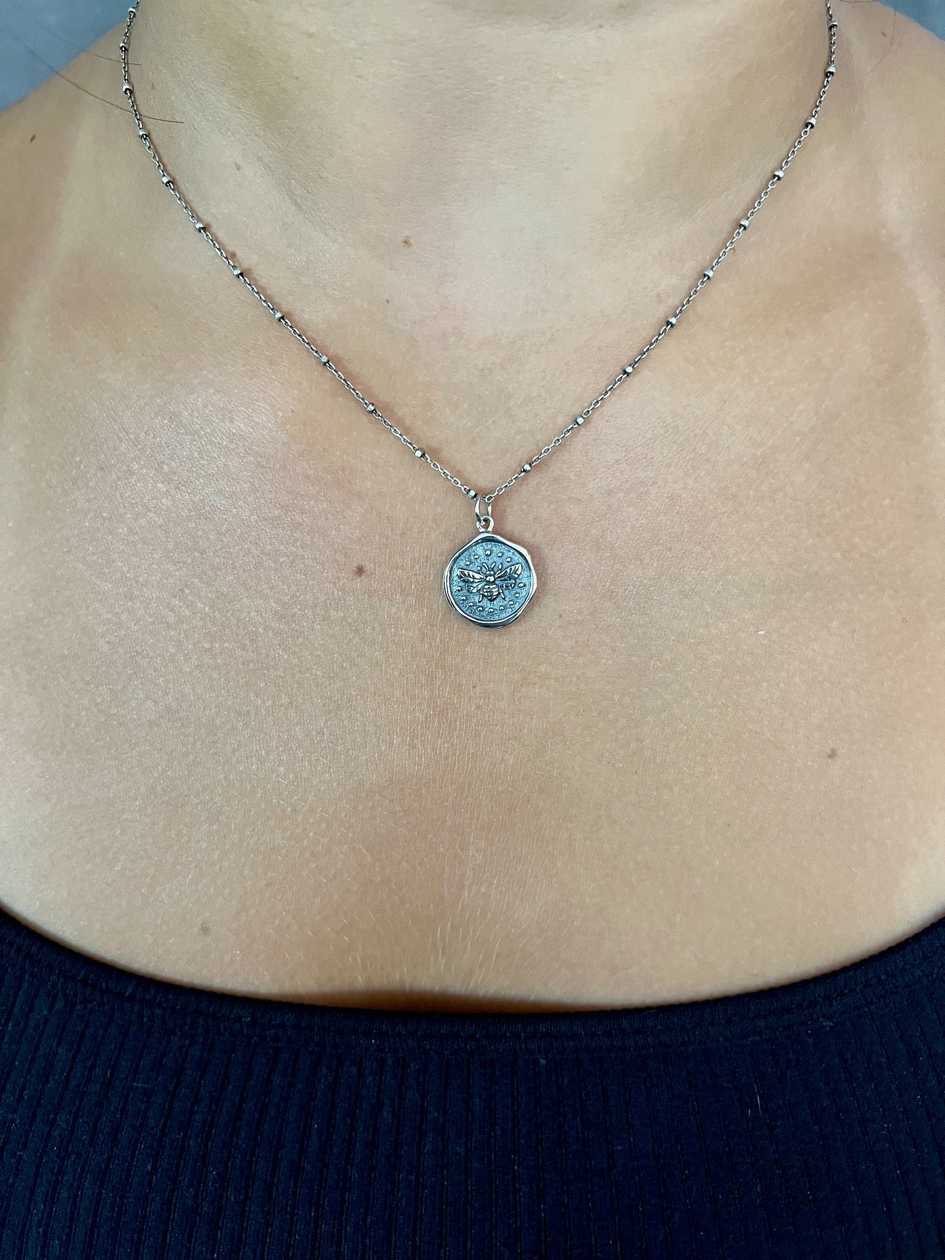 Sterling Bee Necklace | Stamped Bee Pendant | Silver Bee Wax Seal Necklace |Sterling Bee Coin | Silver Bee Medallion | Rustic Bee Pendant