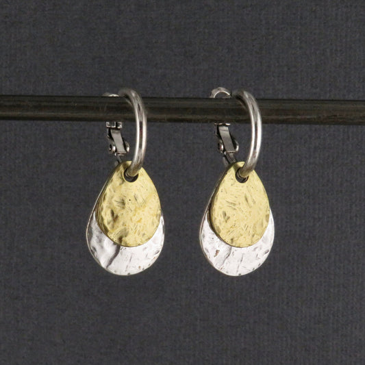 Two Tone Teardrop Earrings | Hammered Drop Earrings | Mixed Metal Hoops | Silver Gold Drop Earrings | Two Tone Hoops | Hammered Rustic Hoops