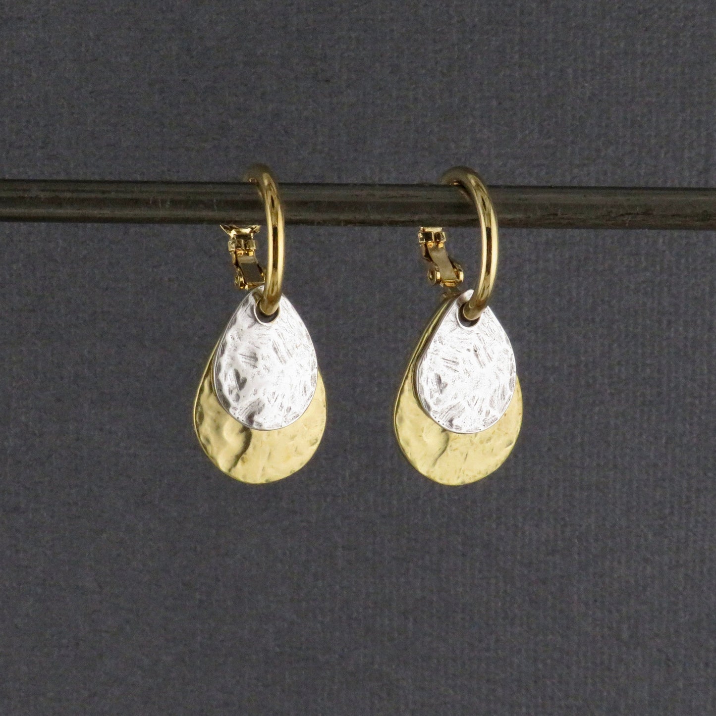 Two Tone Teardrop Earrings | Hammered Drop Earrings | Mixed Metal Hoops | Silver Gold Drop Earrings | Two Tone Hoops | Hammered Rustic Hoops