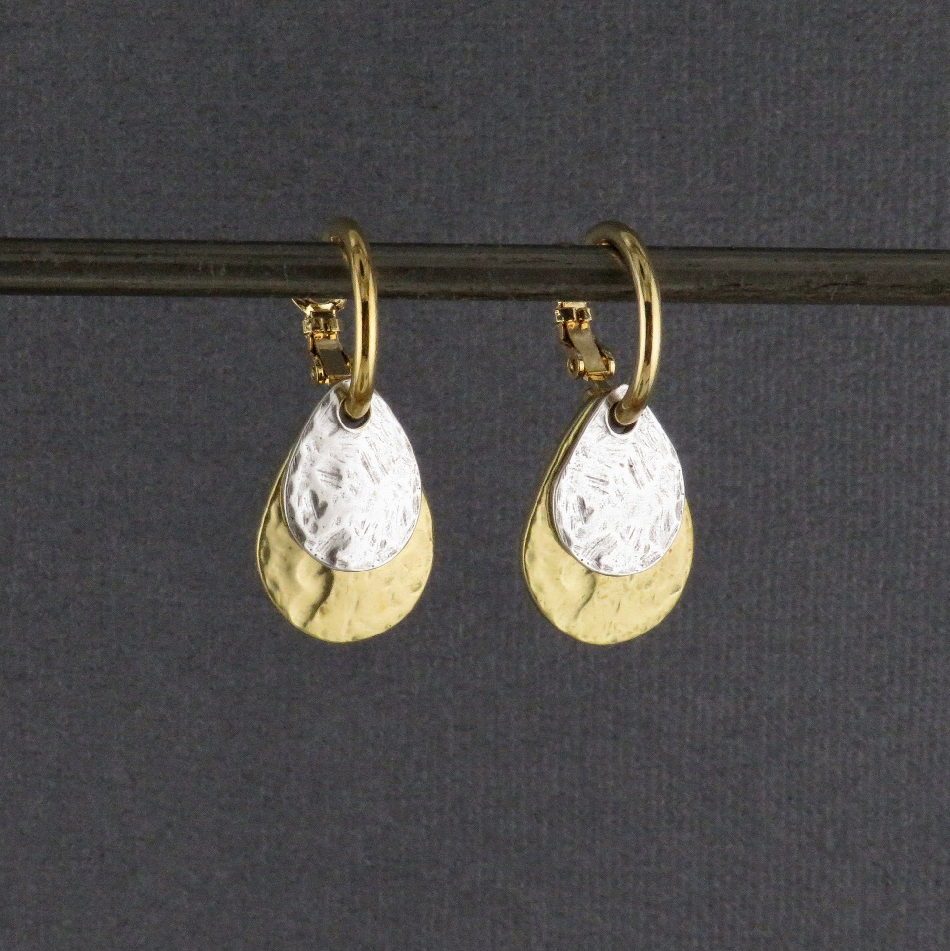 Two Tone Teardrop Earrings | Hammered Drop Earrings | Mixed Metal Hoops | Silver Gold Drop Earrings | Two Tone Hoops | Hammered Rustic Hoops