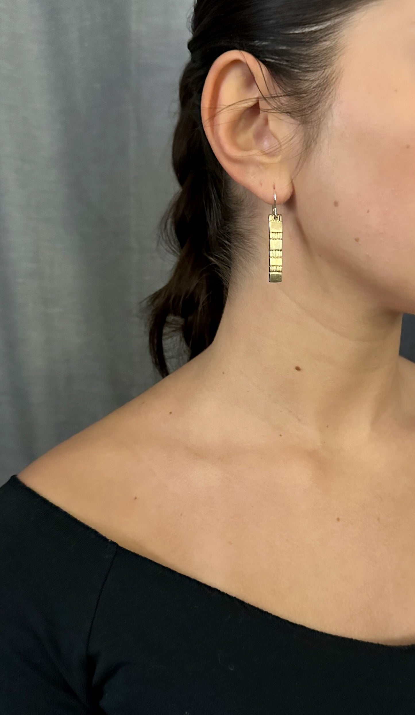 Gold Rectangle Earrings | Hammered Bronze Earring | Rustic Earrings | Rectangle Drop Earrings | Etched Bronze Geometric Earrings