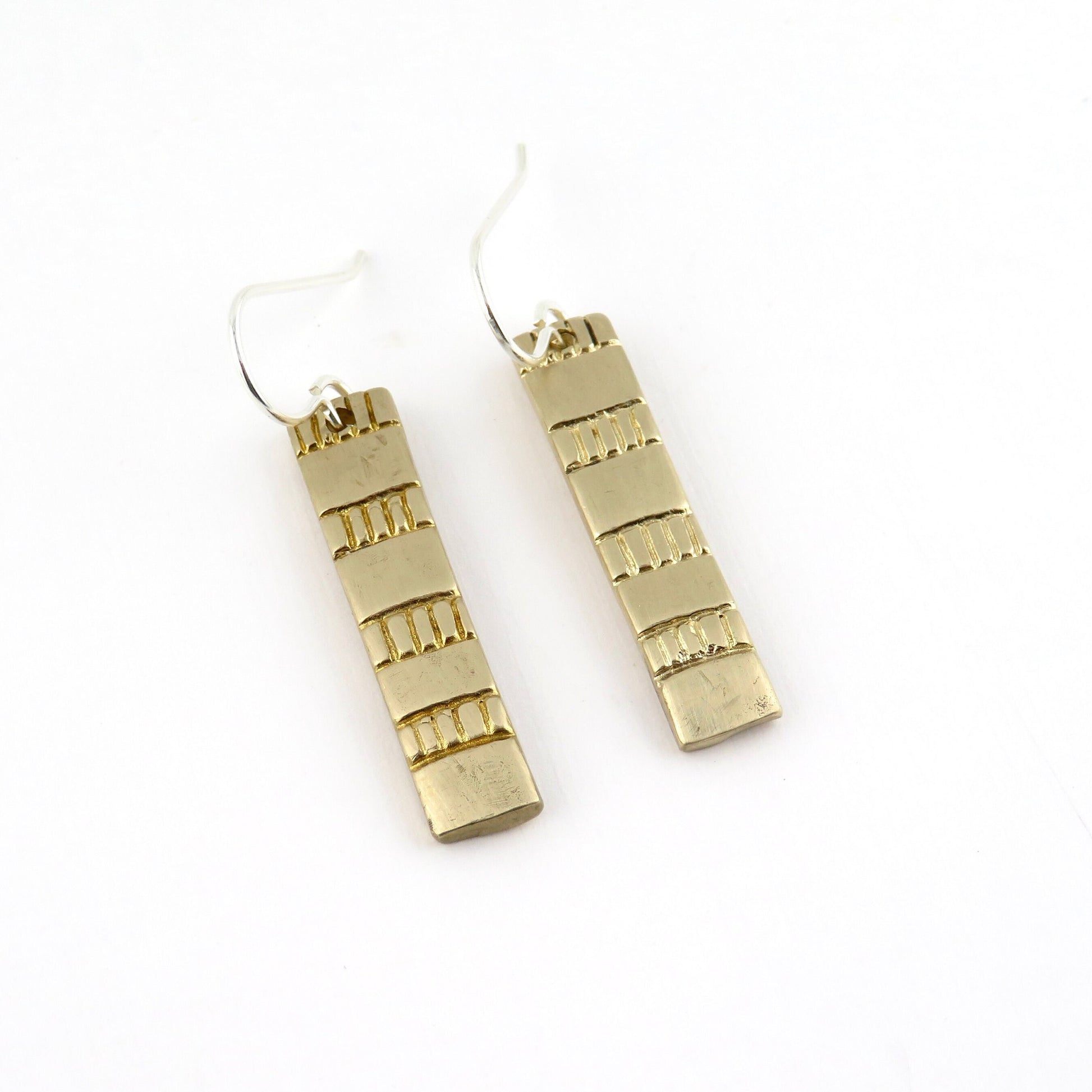 Gold Rectangle Earrings | Hammered Bronze Earring | Rustic Earrings | Rectangle Drop Earrings | Etched Bronze Geometric Earrings